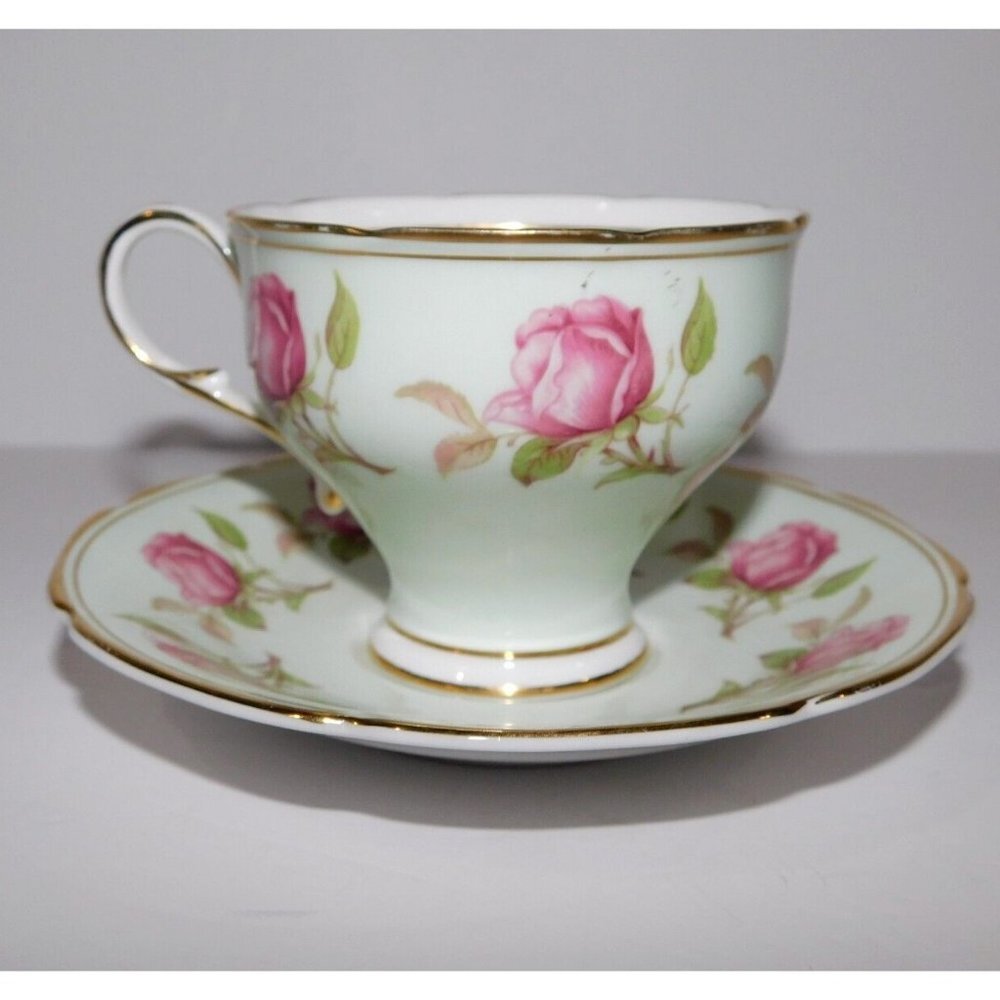 VTG Paragon TeaCup & Saucer Pastel Mint Green Cabbage Rose Gold Trim Pedestal - Picture 3 of 11